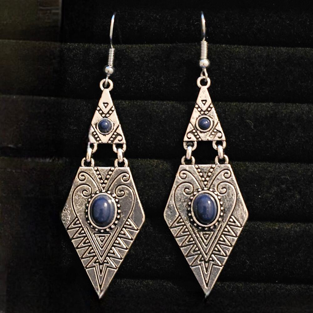 Geometric Silver Tone Dangle Earrings Denim Blue Cabochon Boho Southwest Style